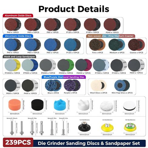 239PCS 2" Die Grinder Sanding Discs Quick Change Disc with 1/4"&1/8 Holder Die Grinder & Drill Sanding Attachment Wet Dry DIsc 400-10000 Grit for Multi-Surface Conditioning Rust Sanding & Polishing in Kuwait