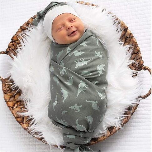 Baby Boy Receiving Blanket Swaddle Blanket Newborn Wrap Sack Headband Set -Dinosaur Pattern (Green) in Kuwait