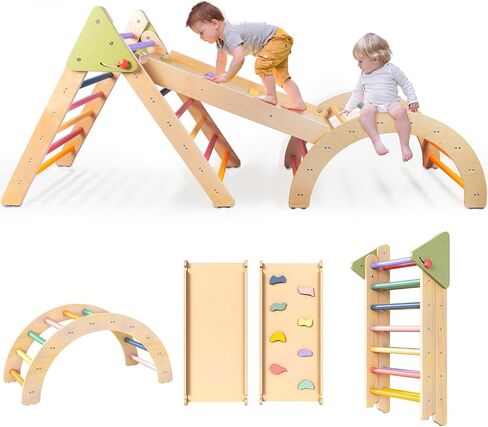 LOL-FUN Foldable Pikler Triangle Climbing Toy with Slide for Toddlers 1-3 | Sturdy solid wood construction supports up to 110 lbs, water-based paint, anti-slip rubber base designed safe for ages 1-3 in Saudi Arabia