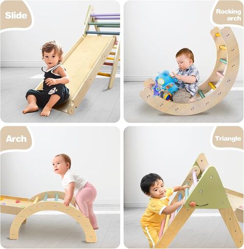 LOL-FUN Foldable Pikler Triangle Climbing Toy with Slide for Toddlers 1-3 | Sturdy solid wood construction supports up to 110 lbs, water-based paint, anti-slip rubber base designed safe for ages 1-3 in Saudi Arabia
