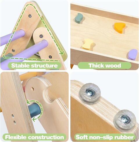 LOL-FUN Foldable Pikler Triangle Climbing Toy with Slide for Toddlers 1-3 | Sturdy solid wood construction supports up to 110 lbs, water-based paint, anti-slip rubber base designed safe for ages 1-3 in Saudi Arabia