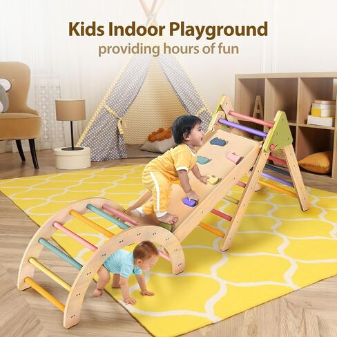 LOL-FUN Foldable Pikler Triangle Climbing Toy with Slide for Toddlers 1-3 | Sturdy solid wood construction supports up to 110 lbs, water-based paint, anti-slip rubber base designed safe for ages 1-3 in Saudi Arabia