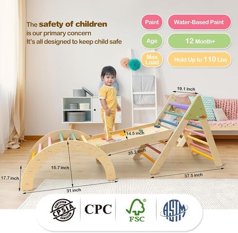 LOL-FUN Foldable Pikler Triangle Climbing Toy with Slide for Toddlers 1-3 | Sturdy solid wood construction supports up to 110 lbs, water-based paint, anti-slip rubber base designed safe for ages 1-3 in Saudi Arabia