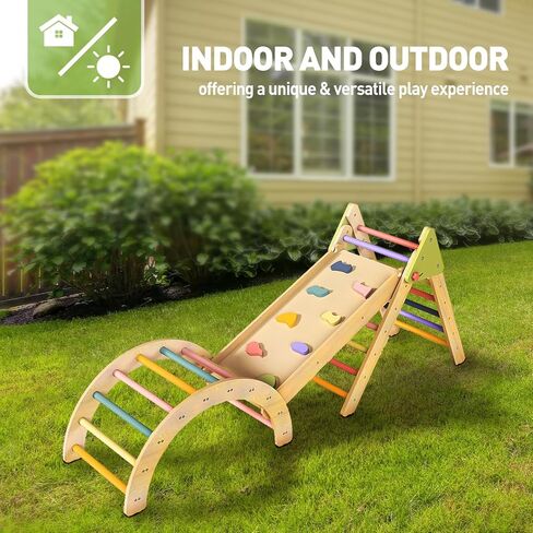 LOL-FUN Foldable Pikler Triangle Climbing Toy with Slide for Toddlers 1-3 | Sturdy solid wood construction supports up to 110 lbs, water-based paint, anti-slip rubber base designed safe for ages 1-3 in Saudi Arabia