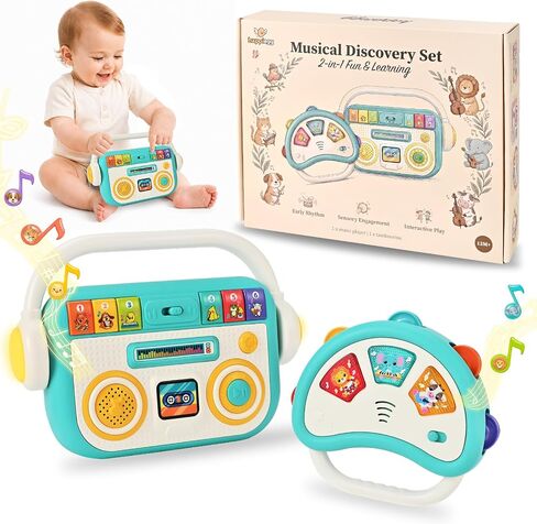 Baby Musical Toys, 2-in-1 Music Player & Light Up Tambourine 12M+ | Sensory Early Learning Instrument Gift Set, 33 Sounds & Flashing Lights for Toddlers 1-3 Boys Girls Birthday Christmas in Kuwait