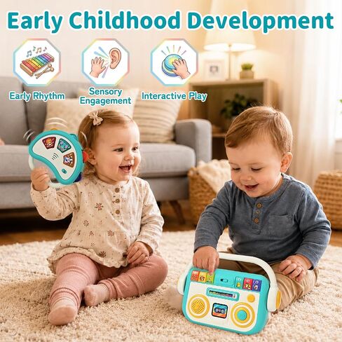 Baby Musical Toys, 2-in-1 Music Player & Light Up Tambourine 12M+ | Sensory Early Learning Instrument Gift Set, 33 Sounds & Flashing Lights for Toddlers 1-3 Boys Girls Birthday Christmas in Kuwait
