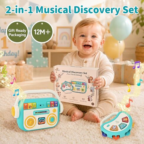 Baby Musical Toys, 2-in-1 Music Player & Light Up Tambourine 12M+ | Sensory Early Learning Instrument Gift Set, 33 Sounds & Flashing Lights for Toddlers 1-3 Boys Girls Birthday Christmas in Kuwait