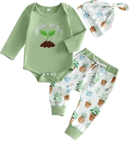 3Pcs Green Little Sprout Newborn Baby Boy Clothes Set 0-18M | Little Sprout Baby Shower, Baby Announcement, Mommy and Me Baby Boy Coming Home Outfit, Long Sleeve Bodysuit Pants Set Hat in Saudi Arabia
