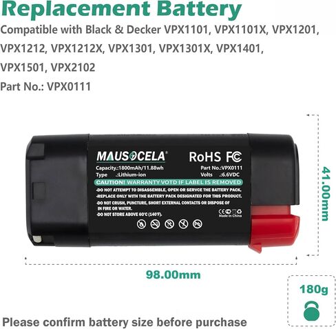 1800mAh 6.60V Black and Decker Vpx Battery Vpx0111 Replacement Battery | Compatible with VPX1101, VPX1101X, VPX1201, VPX1212, VPX1212X, VPX1301, VPX1301X, VPX1401, VPX1501, VPX2102 in Kuwait