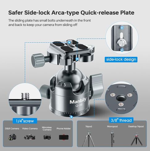 Manbily Low Profile Camera Tripod Ball Head, 36mm CNC Aluminum 360° Panorama Ball Head with Dual U-Shaped Slots for Tripod Monopod Slider DSLR Camera Camcorder, Max Load 33lbs/15kg in Saudi Arabia