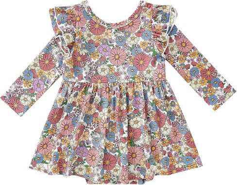 pureborn Baby Girls Viscose from Bamboo Bodysuit Dress Long Sleeves 0-24M | OEKO-TEX Certified, buttery soft, stretchy, twirly flowy skirt, ruffle long sleeves, all-over prints in Saudi Arabia