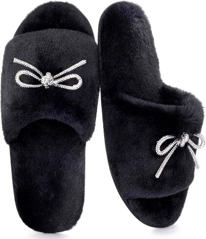 ULTRAIDEAS Women's Fancy Fuzzy House Slippers with Shiny Bow | Fancy, Indoor, Cute Open Toe Slides, Rhinestone Bowknot, Comfy Fluffy Bedroom in Saudi Arabia