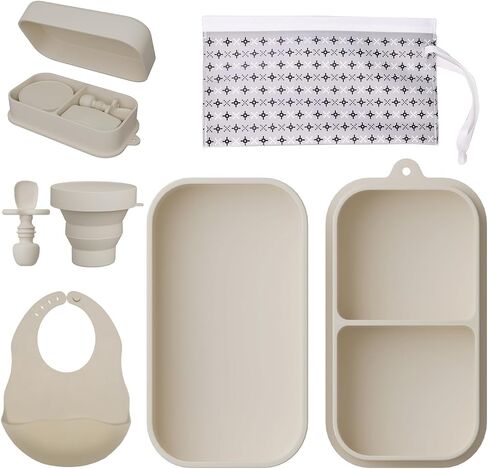 Travel Silicone Baby Feeding Set Portable Toddler Feeding Supplies Toddler Plates and Bowls Set Baby plates with Suction With spoon and cup, bib and waterproof storage bag in Saudi Arabia