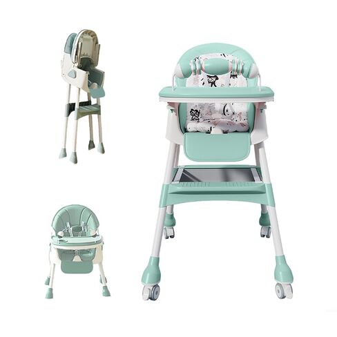 Foldable 4-in-1 Baby High Chair for Babies & Toddlers, High Chair with Detachable PU Cushion, Removable Tray, Adjustable Height, Locking Wheels,Mint Green in Kuwait