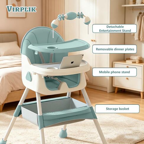 Foldable 4-in-1 Baby High Chair for Babies & Toddlers, High Chair with Detachable PU Cushion, Removable Tray, Adjustable Height, Locking Wheels,Mint Green in Kuwait