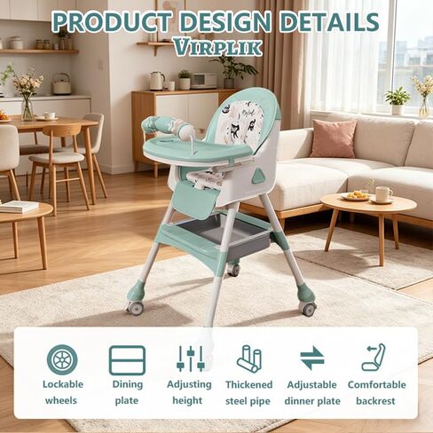 Foldable 4-in-1 Baby High Chair for Babies & Toddlers, High Chair with Detachable PU Cushion, Removable Tray, Adjustable Height, Locking Wheels,Mint Green in Kuwait