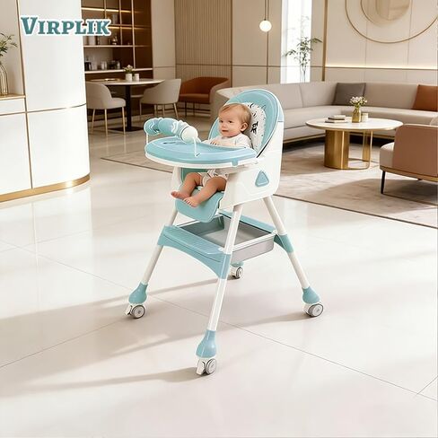 Foldable 4-in-1 Baby High Chair for Babies & Toddlers, High Chair with Detachable PU Cushion, Removable Tray, Adjustable Height, Locking Wheels,Mint Green in Kuwait