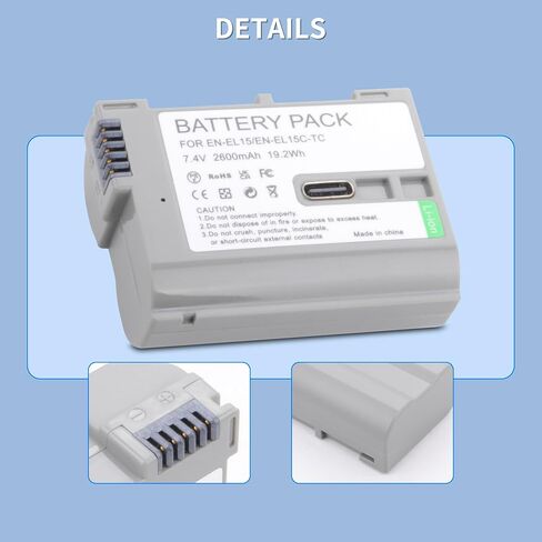 EN-EL15, EN-EL15a, EN-EL15b, EN-EL15c Batteries USB-C Charging for Nikon D7500, D750, Z6, Z6 ii, Z7, Z7ii, Z8, D500, D600, D610, D810, D800, D800E, D710E, D850, D7000, D7100, D7200 Cameras in Saudi Arabia