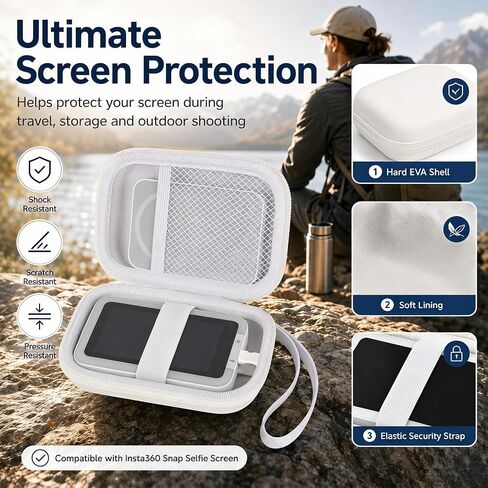 Boobowl Hard Case for Insta360 Snap Selfie Screen with Light White | Soft Lining and Elastic Strap Secure Screen, Mesh Pocket for Power Bank & Cables, Carabiner for Travel, Case Only in Saudi Arabia