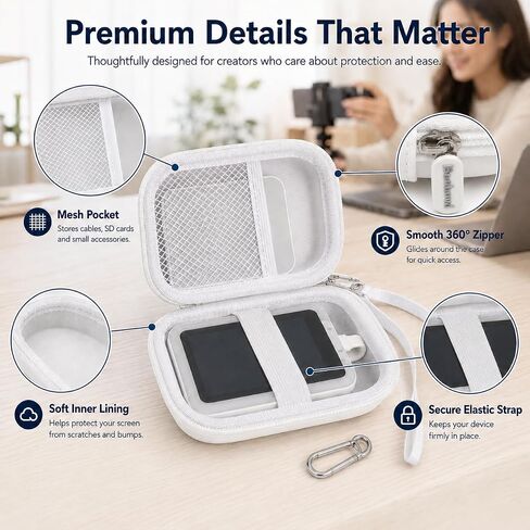 Boobowl Hard Case for Insta360 Snap Selfie Screen with Light White | Soft Lining and Elastic Strap Secure Screen, Mesh Pocket for Power Bank & Cables, Carabiner for Travel, Case Only in Saudi Arabia