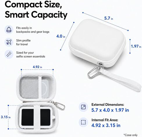 Boobowl Hard Case for Insta360 Snap Selfie Screen with Light White | Soft Lining and Elastic Strap Secure Screen, Mesh Pocket for Power Bank & Cables, Carabiner for Travel, Case Only in Saudi Arabia