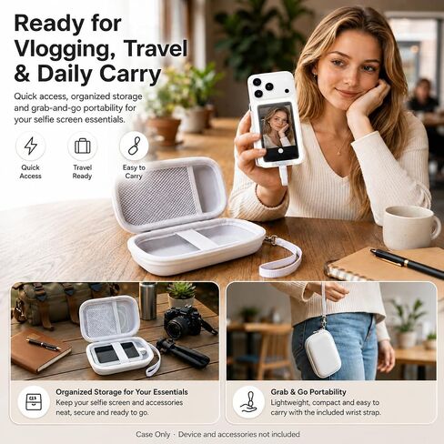 Boobowl Hard Case for Insta360 Snap Selfie Screen with Light White | Soft Lining and Elastic Strap Secure Screen, Mesh Pocket for Power Bank & Cables, Carabiner for Travel, Case Only in Saudi Arabia