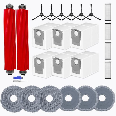 26-Pack Replacement Parts Kit for Roborock Qrevo S Pro/QV35A/QV35S/QR 598/QR 798/QX Revo Plus, 2 Main Brushes, 6 Side Brushes, 4 Filters, 6Mop Pads, 6 Dust Bags, 1 Screwdriver, 1 Clean Brush in Kuwait