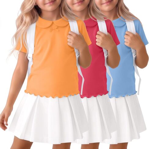 3 Pack Toddler Girls' School Shirts | Uniform, Collared, Short Sleeve, Cute, Blouses, Lettuce Trim, Doll Collar, Casual Tops, Size 18M-5T in Saudi Arabia
