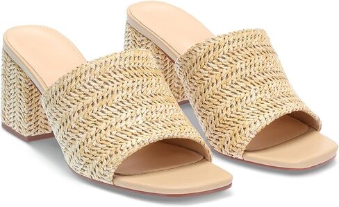 Raffia Sandals Women Espadrilles Heeled Sandals Summer Beach Mules Slip On Woven Square Open Toe Chunky Heel Comfortable Dress Shoes,8 in Saudi Arabia