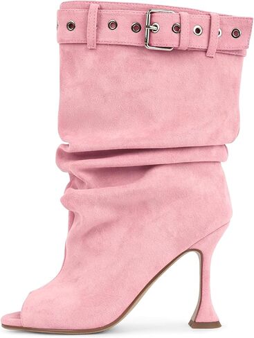 Richealnana Women's Open Toe Buckle Straps Stiletto High Heels Wide Calf Ruched Mid Calf Booties in Saudi Arabia