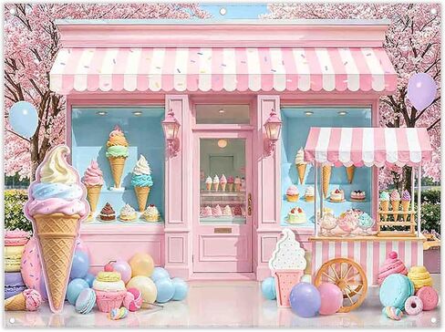 7x5ft Fabric Ice Cream Shop Dessert Photography Backdrop | Pink Sweet Cone, Girl Birthday Party Supplies, Floral Banner, Baby Shower Photo Booth, Polyester, Grommets, 1PC in Kuwait