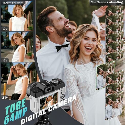 True 8K Digital Cameras for Photography 64MP - WiFi, Wide-Angle & Macro Lens, 16X Zoom Autofocus, 3" 180° Flip Screen, 64GB Card, Vlogging Camera for YouTube Travel(Pearl White) in Saudi Arabia