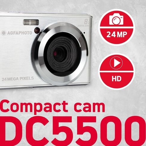 كاميرا رقمية مدمجة AGFA Photo Realishot DC5500، 24 ميجابكسل، شاشة LCD 2.4 بوصة، تكبير رقمي 8X، فيديو عالي الدقة 720 بكسل، بطاقة ذاكرة SD خارجية، بطارية ليثيوم - فضي | فيديو عالي الدقة 720 بكسل، تكبير رقمي 8X، شاشة LCD 2.4 بوصة، بطاقة ذاكرة SD خارجية، 24 م in Kuwait