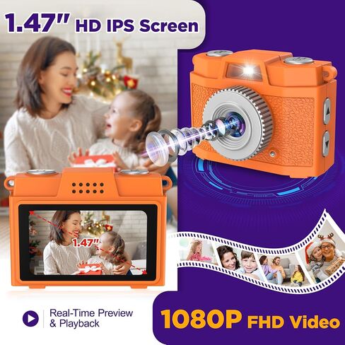 USCAMEL Mini Keychain Camera Digital: Kids Camera for Boys, Orange | Retro Digital Mini Keychain Camera, 1.47" IPS Screen, Portable Camera for Teens Girls Ages 7-12 in Kuwait