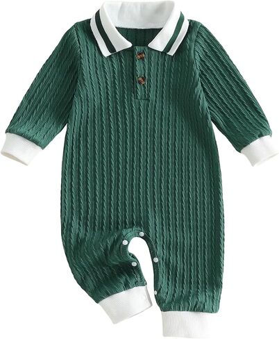 Newborn Baby Boy Clothes Textured Collared Romper Long Sleeve Button-UP One Piece Jumpsuit Solid Color Fall Outfit in Saudi Arabia