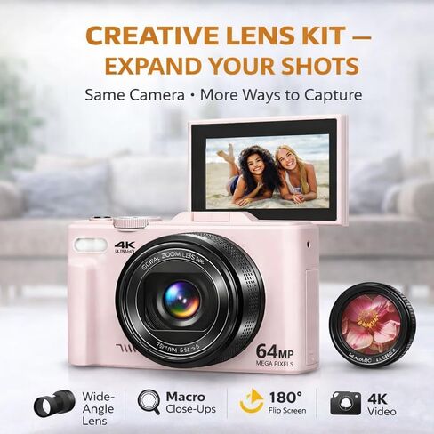 4K 64MP Digital Camera for Photography, Vlogging Camera for YouTube with 3.0'' 180° Flip Screen, WiFi, 16X Digital Zoom, Wide Angle & Macro Lens in Saudi Arabia