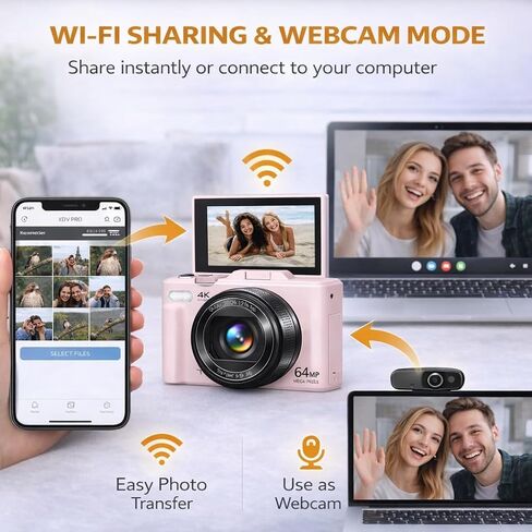 4K 64MP Digital Camera for Photography, Vlogging Camera for YouTube with 3.0'' 180° Flip Screen, WiFi, 16X Digital Zoom, Wide Angle & Macro Lens in Saudi Arabia