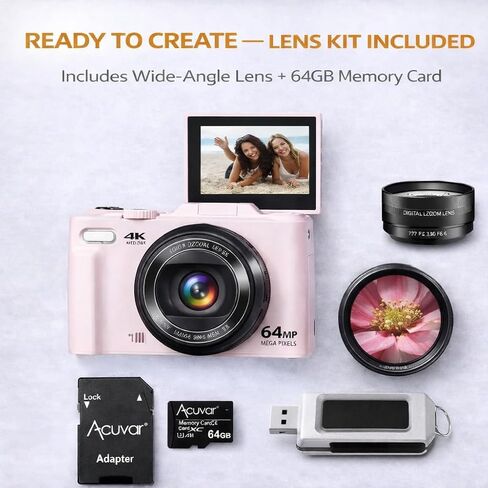 4K 64MP Digital Camera for Photography, Vlogging Camera for YouTube with 3.0'' 180° Flip Screen, WiFi, 16X Digital Zoom, Wide Angle & Macro Lens in Saudi Arabia