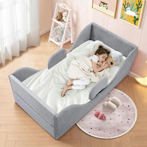 Toddler Bed with Safety Rails, Crib Size Montessori | Certified soft velvet, standard crib size, for kids 1-7 years, pink in Kuwait