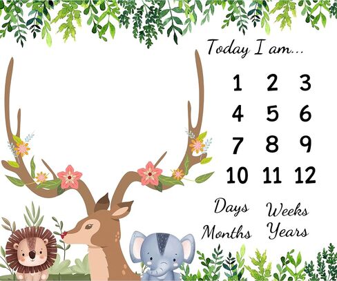 Jungle Animals Baby Monthly Milestone Blanket, Safari Theme, 48x40in | Tropical Plants, Antler Deer Lion Elephant Pattern, Nursery Decor, Newborn Mom Gift, Photography Props in Saudi Arabia