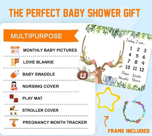 Jungle Animals Baby Monthly Milestone Blanket, Safari Theme, 48x40in | Tropical Plants, Antler Deer Lion Elephant Pattern, Nursery Decor, Newborn Mom Gift, Photography Props in Saudi Arabia