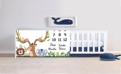 Jungle Animals Baby Monthly Milestone Blanket, Safari Theme, 48x40in | Tropical Plants, Antler Deer Lion Elephant Pattern, Nursery Decor, Newborn Mom Gift, Photography Props in Saudi Arabia