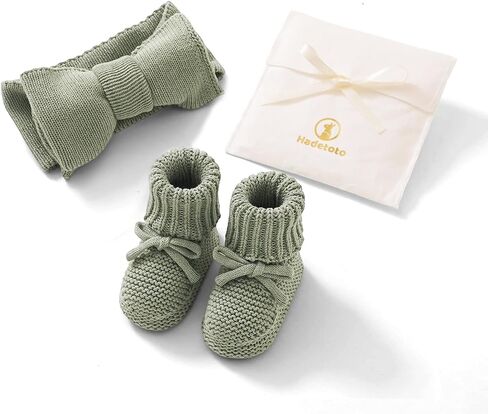 Hadetoto Baby Headband and Booties Set, 100% Organic Cotton | Newborn Gift Set, First Cozy Shoes, Warm Knit, Soft Sock, Infant Boy Girl in Kuwait