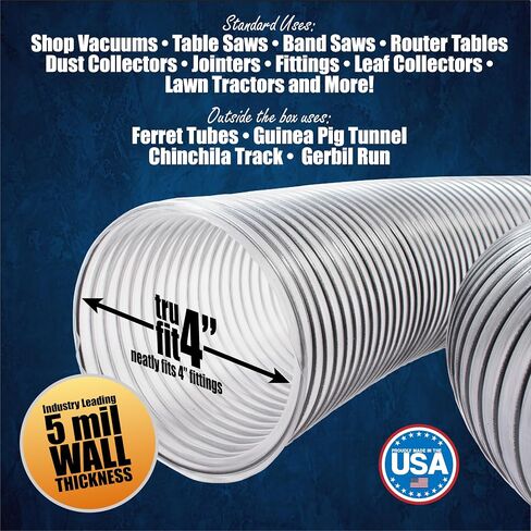 4" x 50' PVC Dust Collection Hose with 4 Thumbscrew Clamps Made in USA in Saudi Arabia