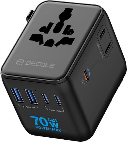 “Pro" Universal Travel Adapter 3 USB-C＆ 2 USB-A Cover 200+ Countries | GaN 70W, International Plug Adapter, All in One Portable Adapter, NOT A Voltage Converter, for USA, UK, EU, AU (Black) in Kuwait