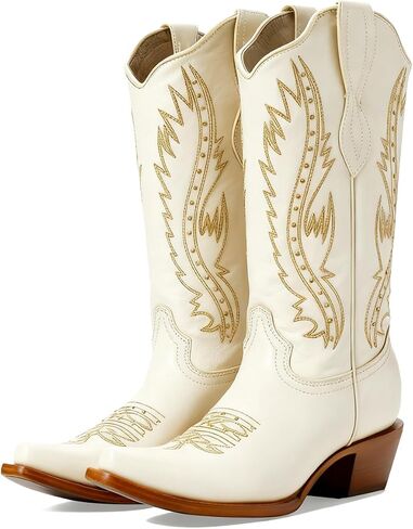 Women Vintage Embroidered Cowboy Boots Knee High Western Boots Chunky Stacked Heel Square Pointed Toe Mid Calf Cowgirl Boots Matte Metallic Pull On V Cut Fall Boot Exotic 4-11 M US in Kuwait