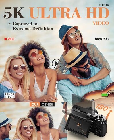 True 5K Digital Cameras for Photography 64MP - Autofocus 18X Zoom, with 3'' 180° Flip Screen, 64GB TF Card & 2 Batteries, Compact Travel Vlogging Camera for YouTube Beginners (Black) in Saudi Arabia