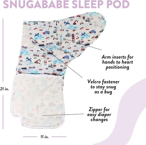 Baby Snugababe Swaddle Pod for Newborns | Secure Arm Inserts Prevent Escape | Easy-Zip for Diaper Changes | Transportation Print in Kuwait
