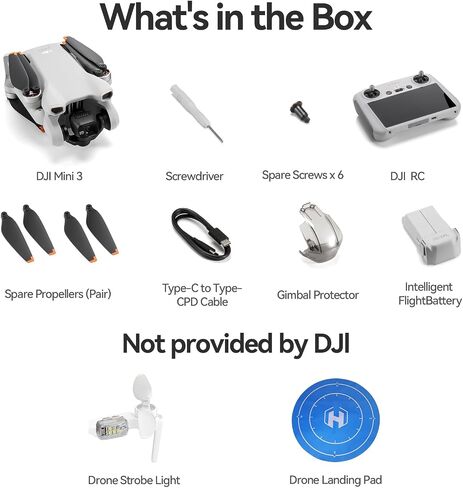 DJI Mini 3 Drone with Screen Remote with Strobe Light, Landing Pad | 3-Axis Gimbal, 4K HDR Video, 38-Min Flight Time, up to 32800ft (10km) Video Transmission, Vertical Shooting, GPS Auto Return in Kuwait