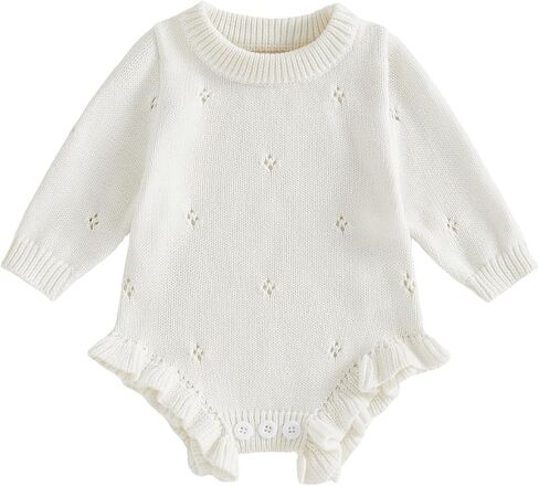 Baby Girl Sweater Romper Newborn Fall Winter Clothes 0-12M | Ruffle Trim Long Sleeve Bodysuit, Vintage Hollow Out Knit Bubble Romper, Infant Fall Winter Clothes, Chunky Knit Jumpers in Saudi Arabia